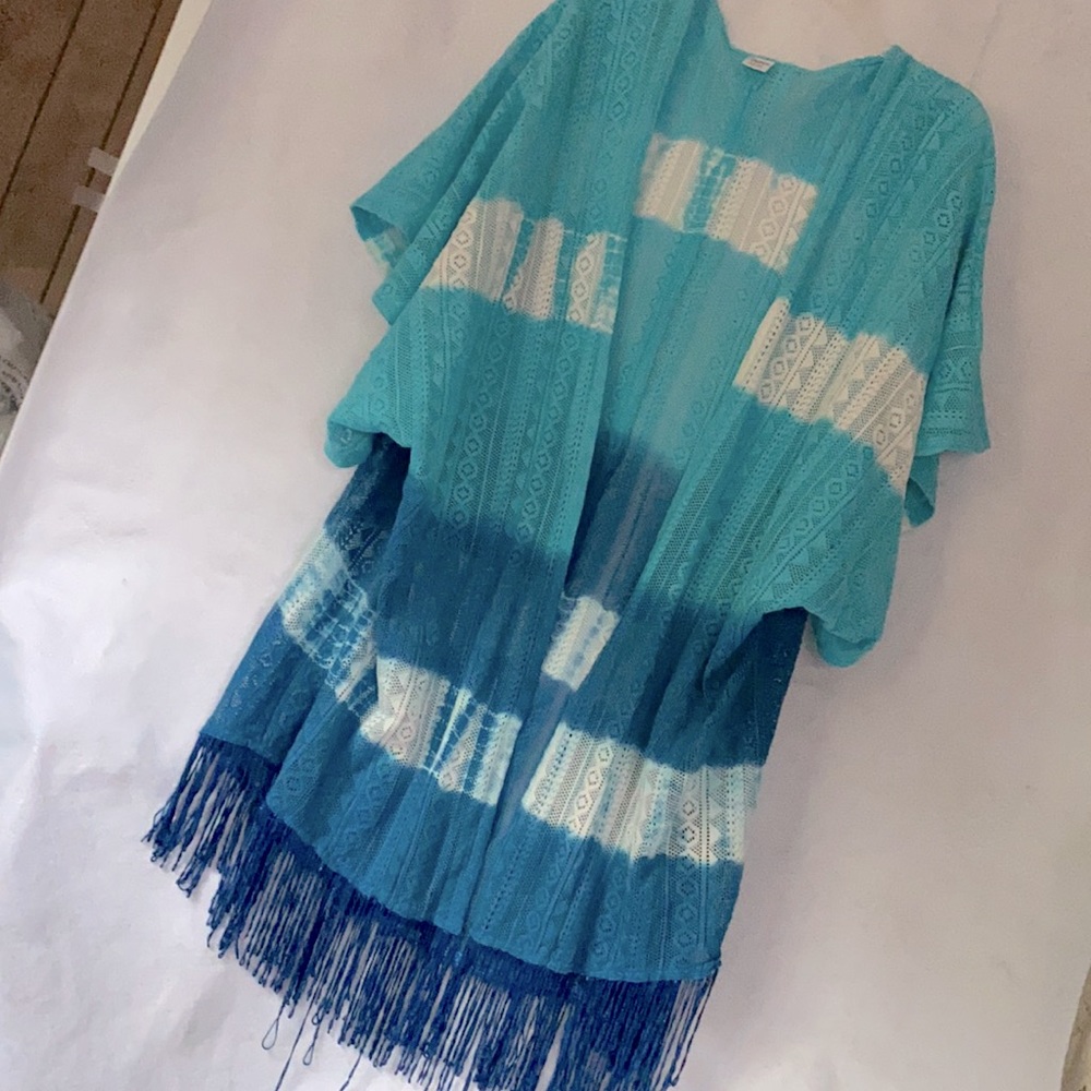Turquoise Cobalt Blue White Boho Kimono Vest Ruana Fringe Hippie Shawl OS